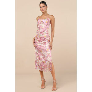Lulus Truest Romance Pink Floral Print Sleeveless Ruched Midi Dress - Size L